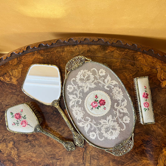 Vintage Embroidery Ladies Dressing Table 4 Piece Set