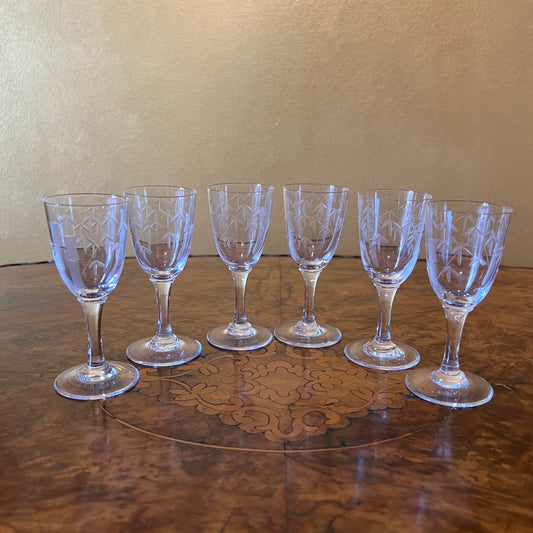 Vintage Etched Bamboo Port Glasses Set Of Six