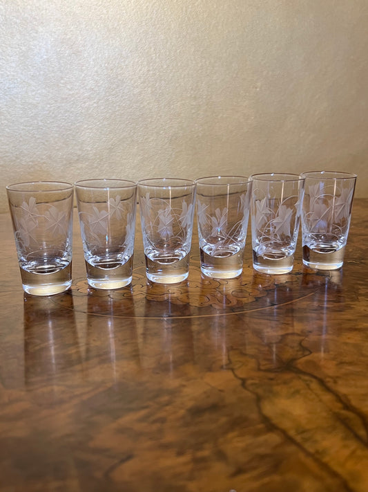 Vintage Etched Floral Design Shot Glasses Set Of Six