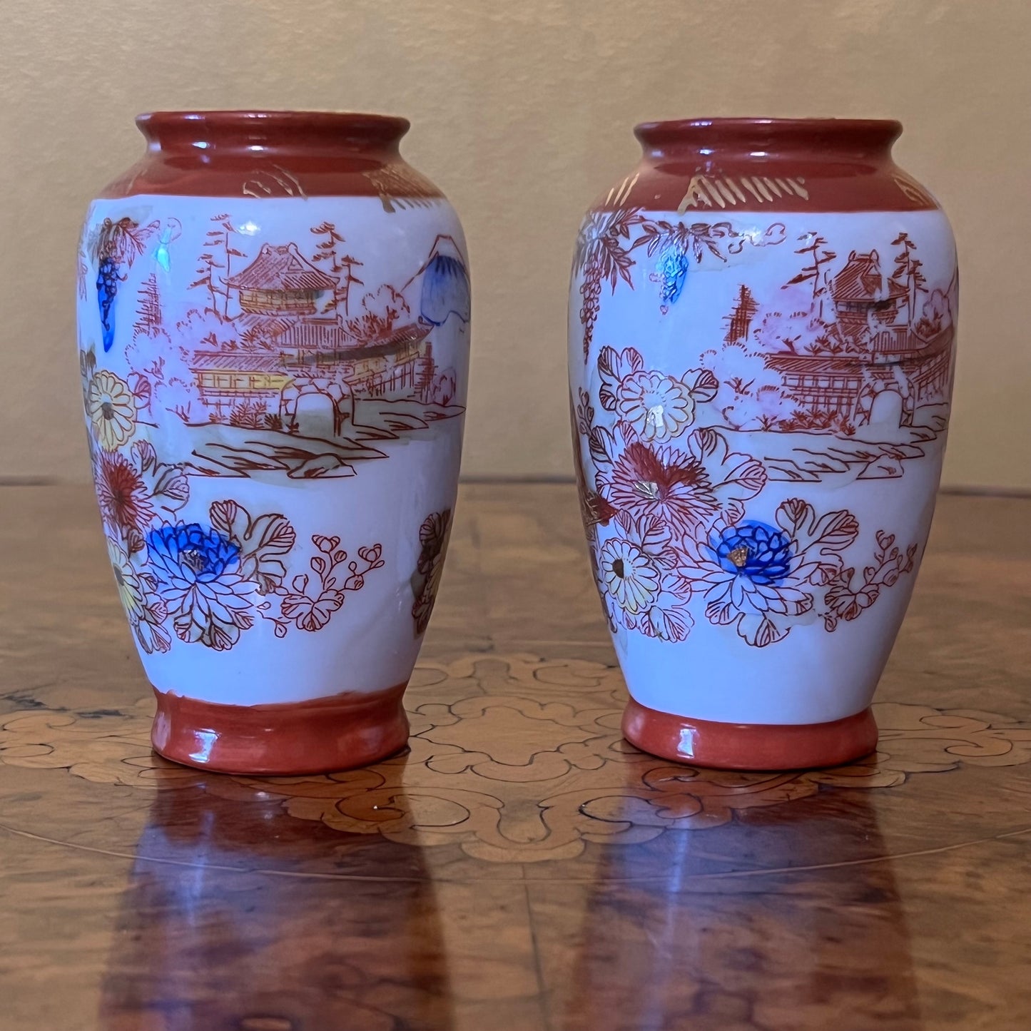 Vintage Foreign Japanese Geisha Print Mini Vases 