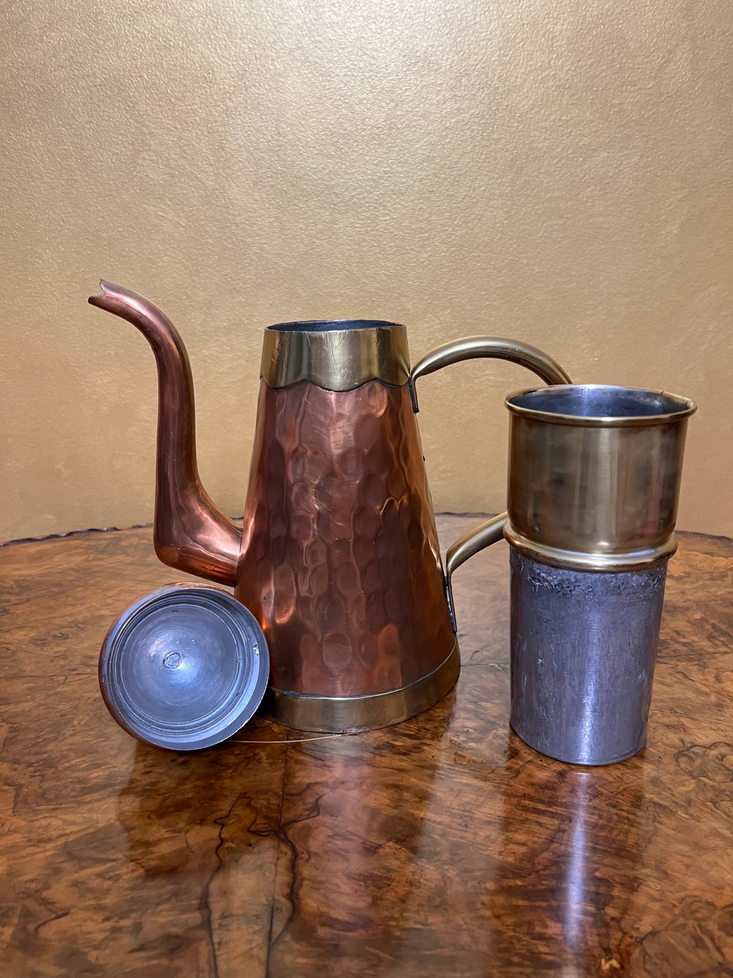 Vintage Four Piece Vebelux Copper & Hammered Brass Coffee Pot