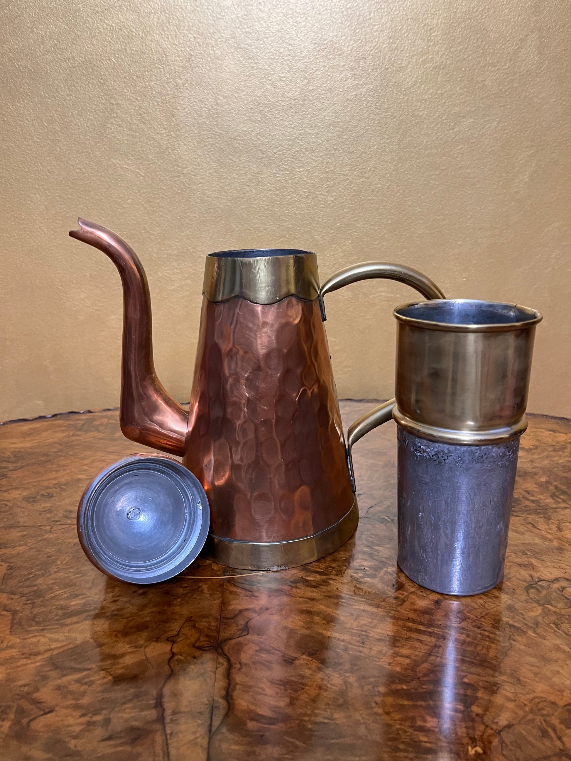 Vintage Four Piece Vebelux Copper & Hammered Brass Coffee Pot