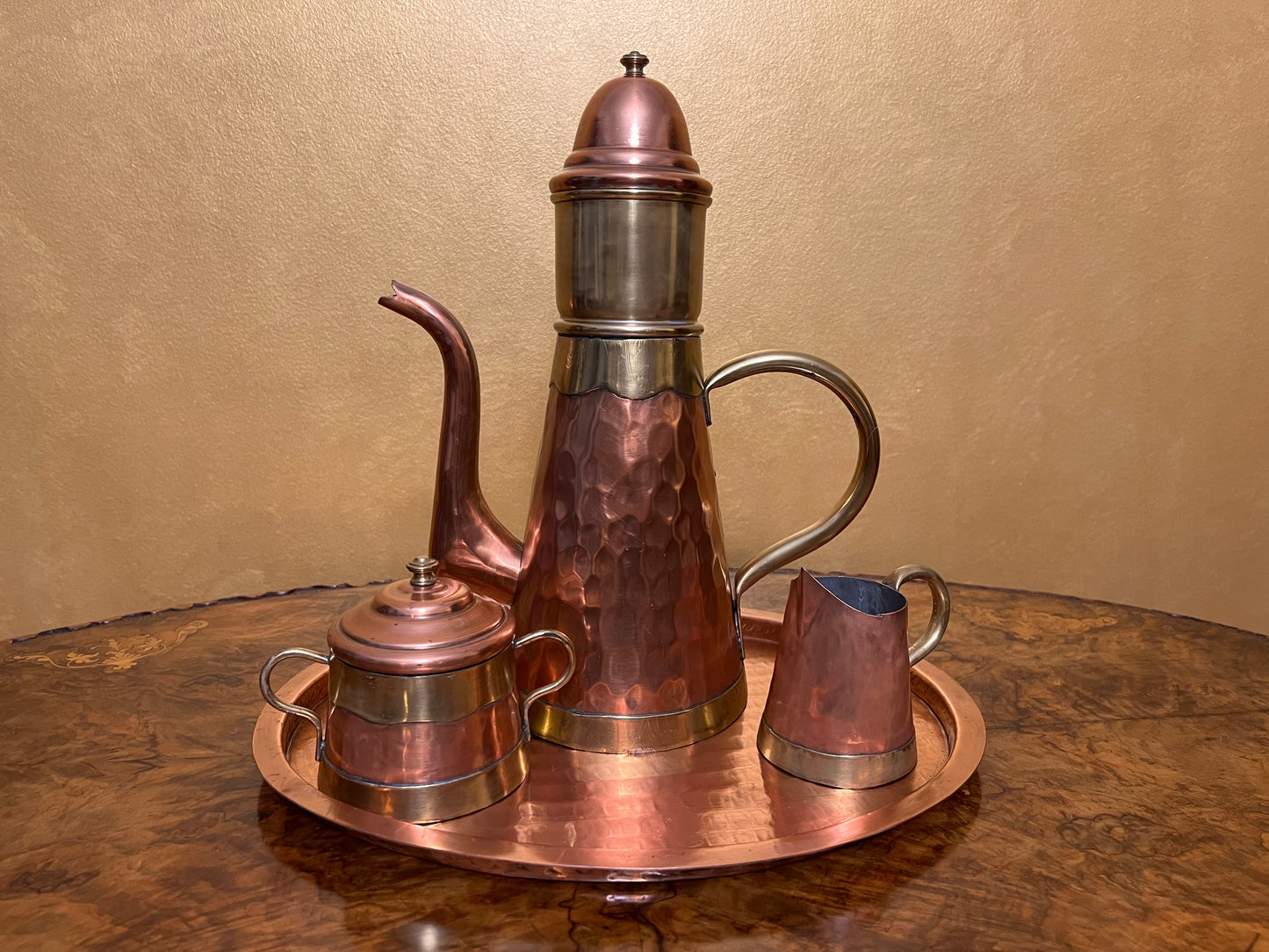 Vintage Four Piece Vebelux Copper & Hammered Brass Coffee Set