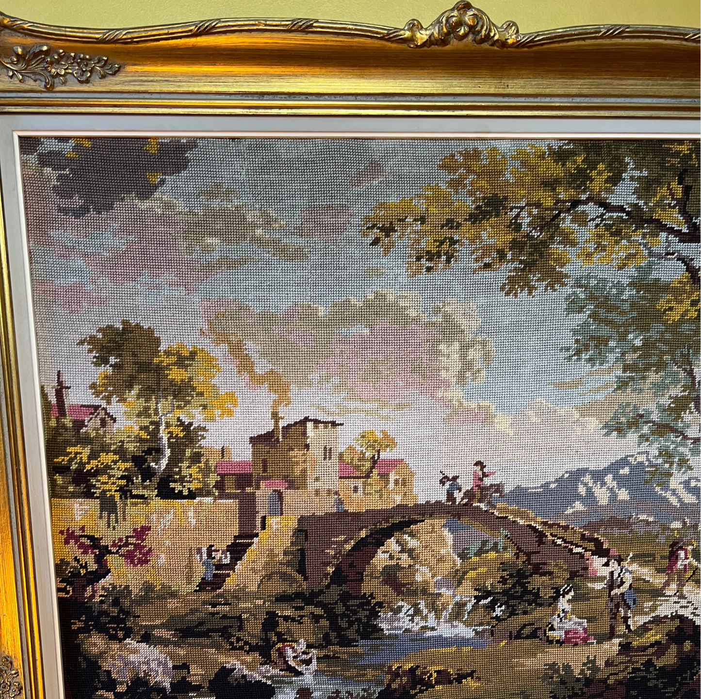 Vintage French Village Tapestry Gilt Framed 