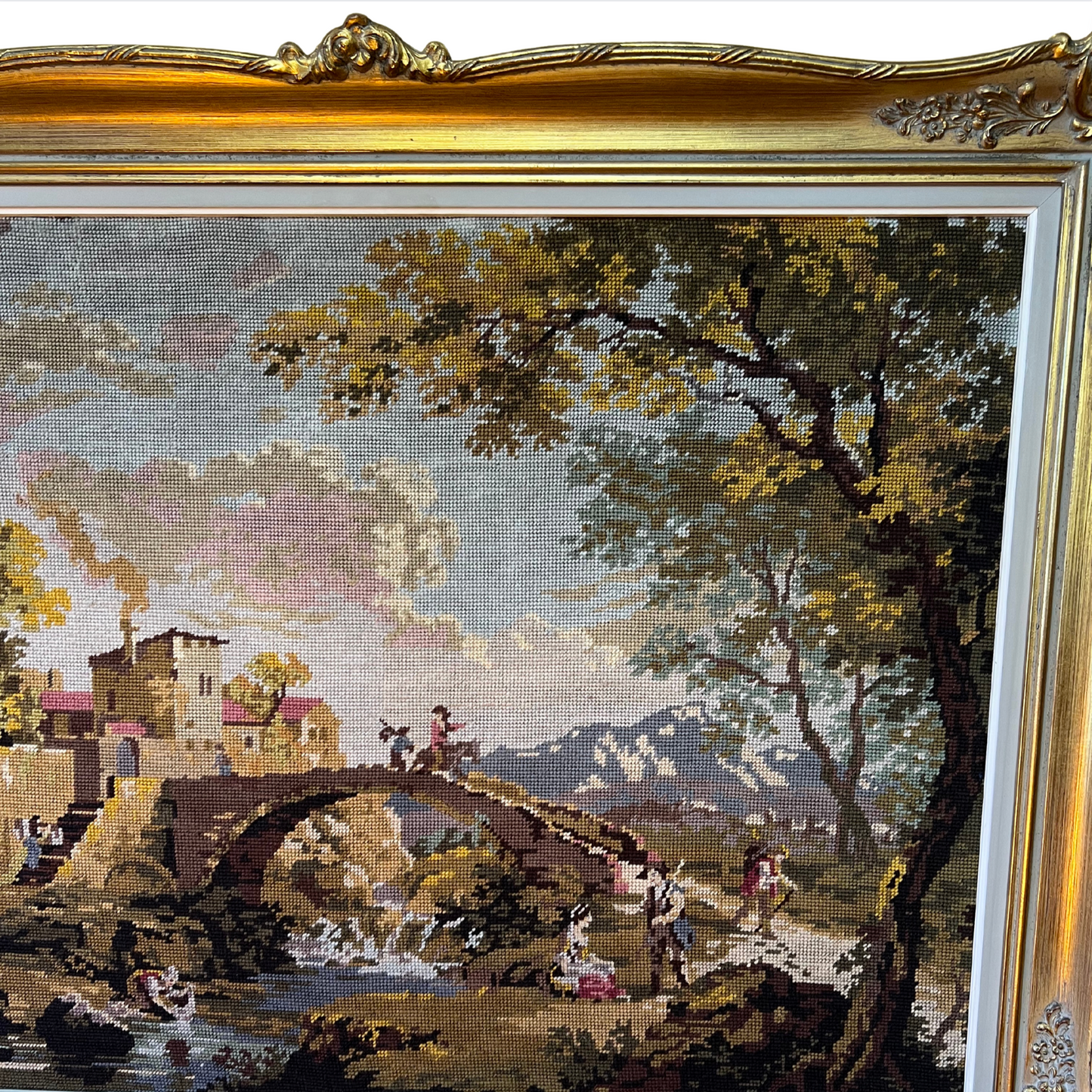 Vintage French Village Tapestry Gilt Framed Wall 