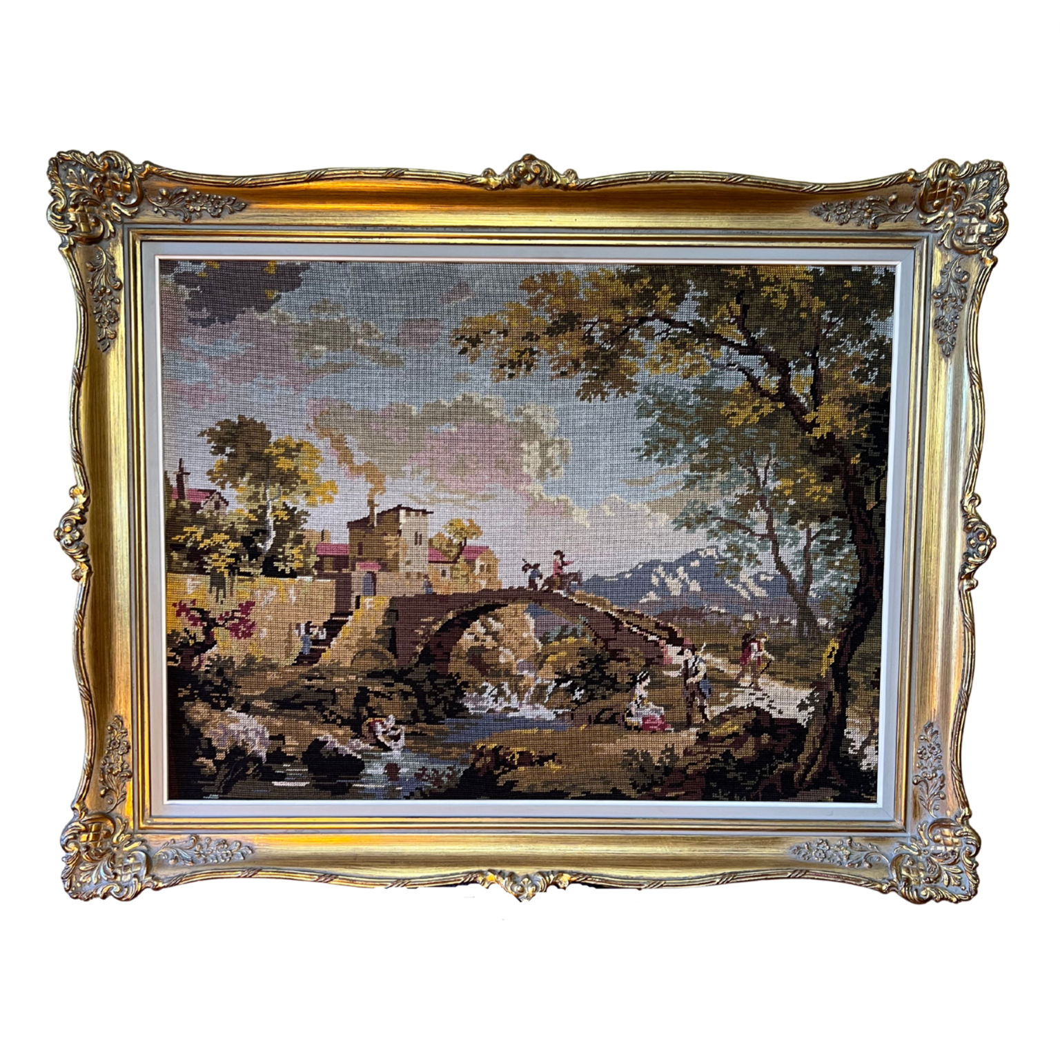 Vintage French Village Tapestry Gilt Framed Wall Hanging