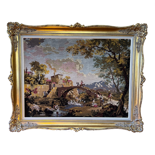 Vintage French Village Tapestry Gilt Framed Wall Hanging