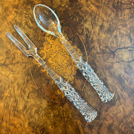 Vintage Glass Salad Serving Spoon & Fork