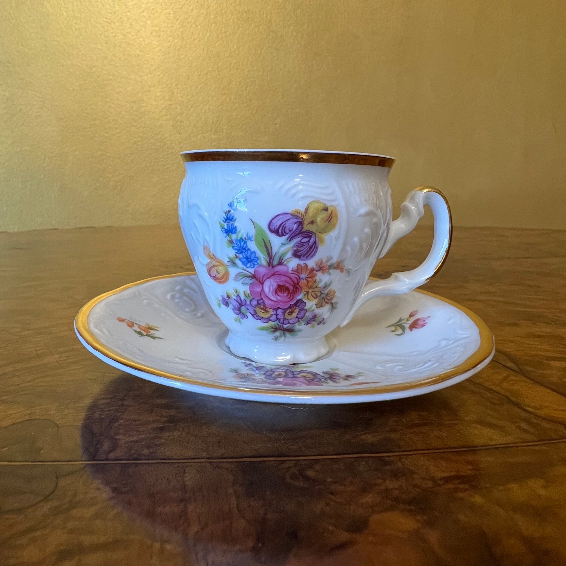 Vintage LC Bernadotte Floral Gold Trim Demitasse Coffee Cup & Saucer