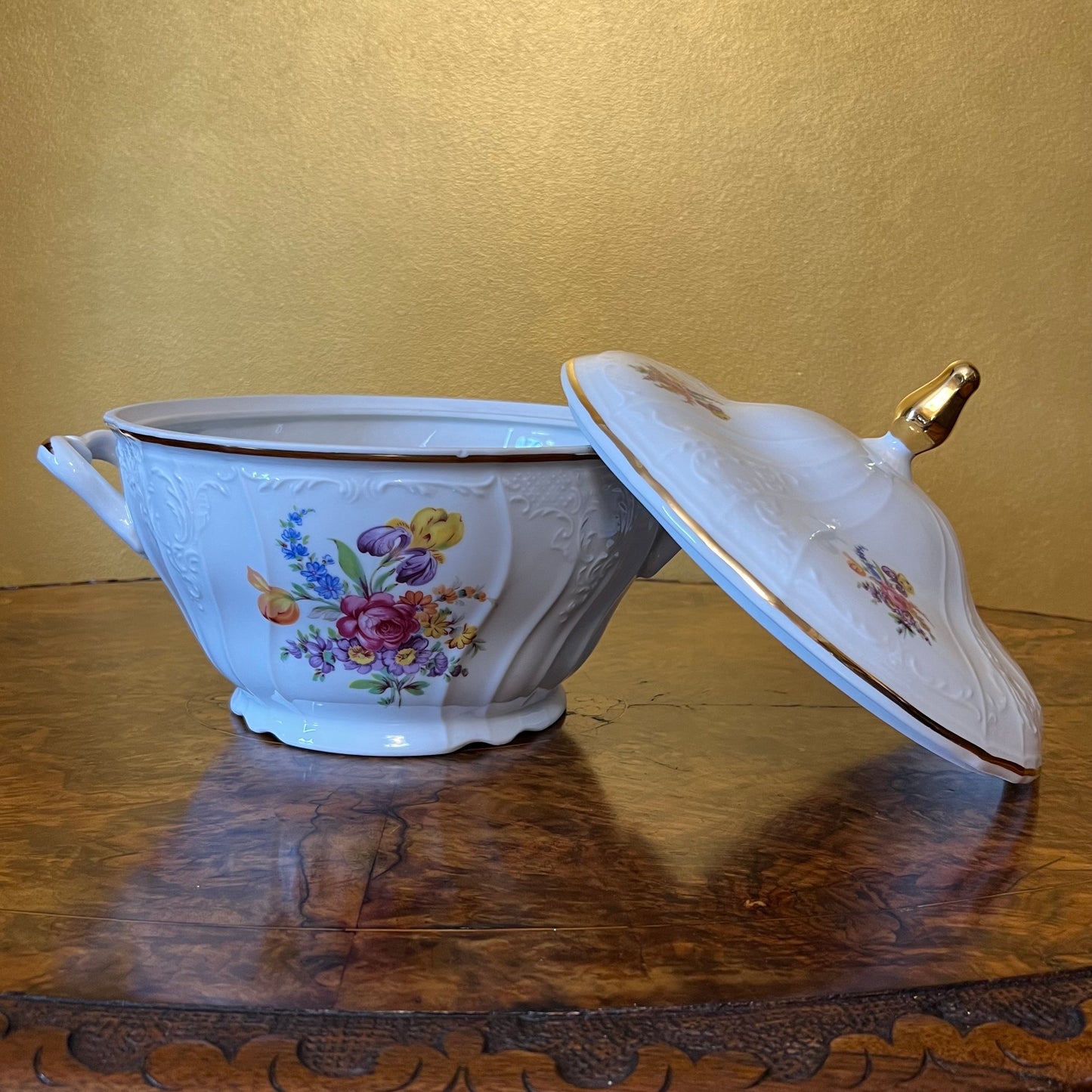 Vintage LC Bernadotte Floral Gold Trim Large Round Serving Bowl