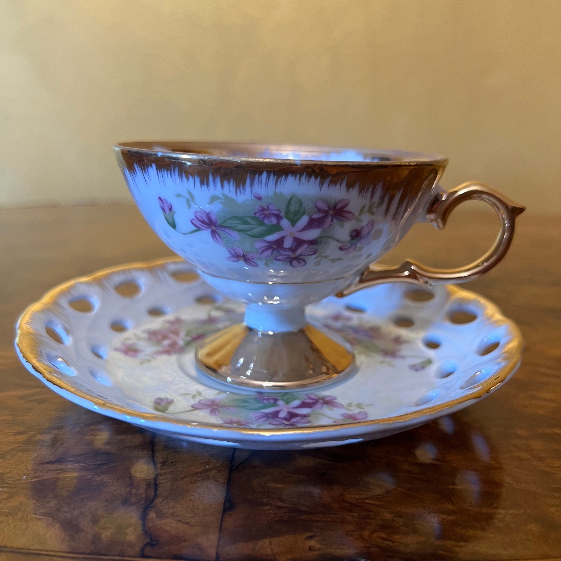 Vintage Lustre Ware Hand Painted Purple Tea Cup & Saucer