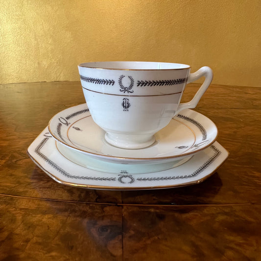 Vintage Paragon Black & White Leaves Print Tea Cup Trio Set