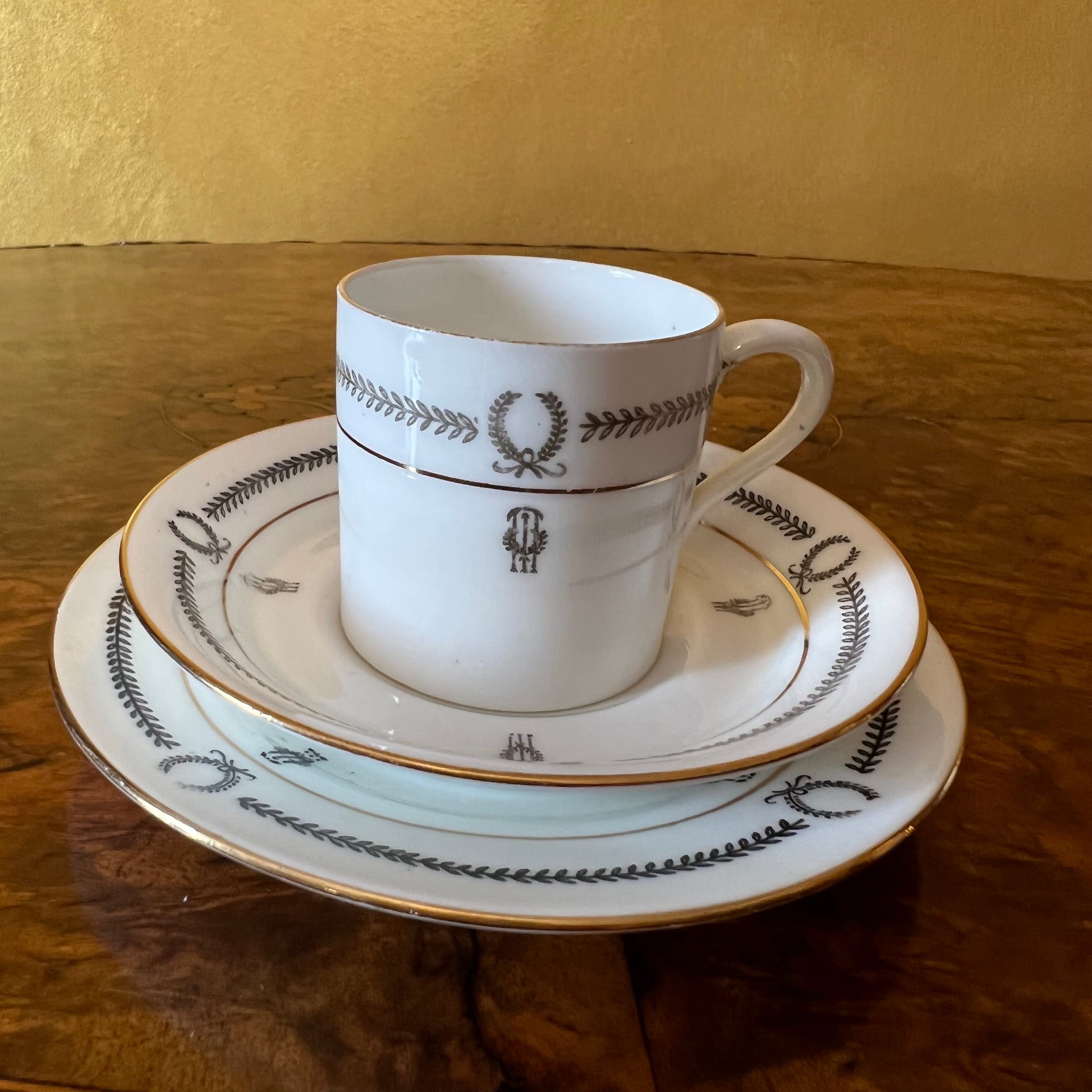 Vintage Paragon Black & White Print Demitasse Coffee Cup Trio Set