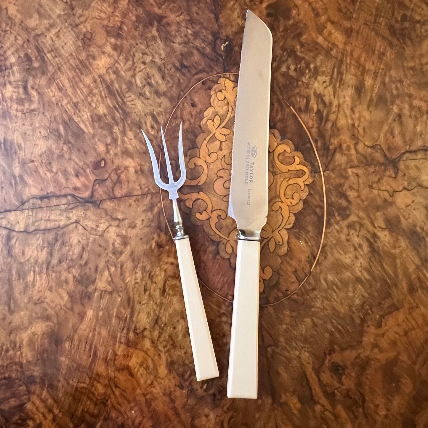 Vintage Sheffield Taylor Witness Stainless Carving Knife & Fork Boxed 