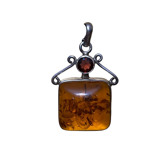 Vintage Square Amber Silver Pendant
