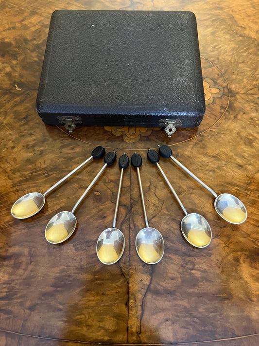 Vintage William Suckling Birmingham Sterling Silver Coffee Bean Set Of Six Spoons